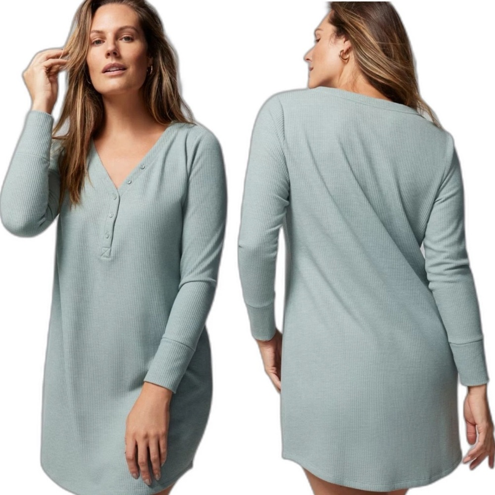 SOMA Cozy Waffle Knit Long Sleeve Sleepshirt Heather Jade Size Large - Picture 2 of 10